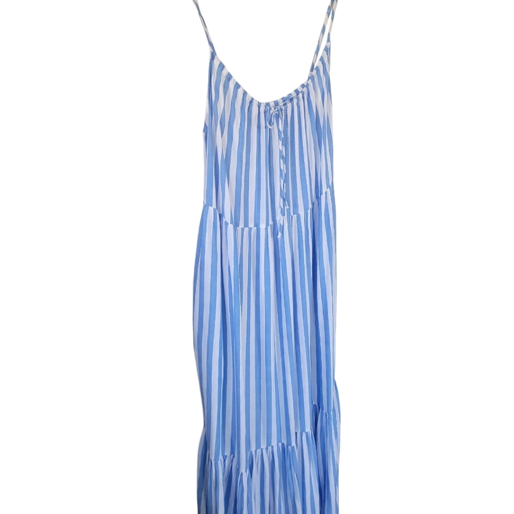 Old Navy Blue White Striped Tiered Coastal Boho Long Maxi Swing Dress Large - Picture 5 of 16